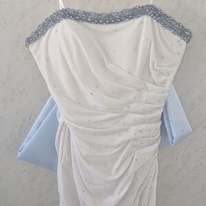 Strapless White and Blue Beaded Dress